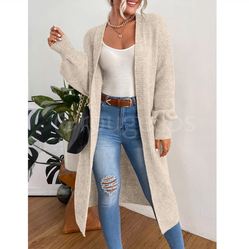 Oatmeal Beige Duster Cardigan Front Pockets Cable Knit Long Sleeve Midi Length - Picture 4 of 8